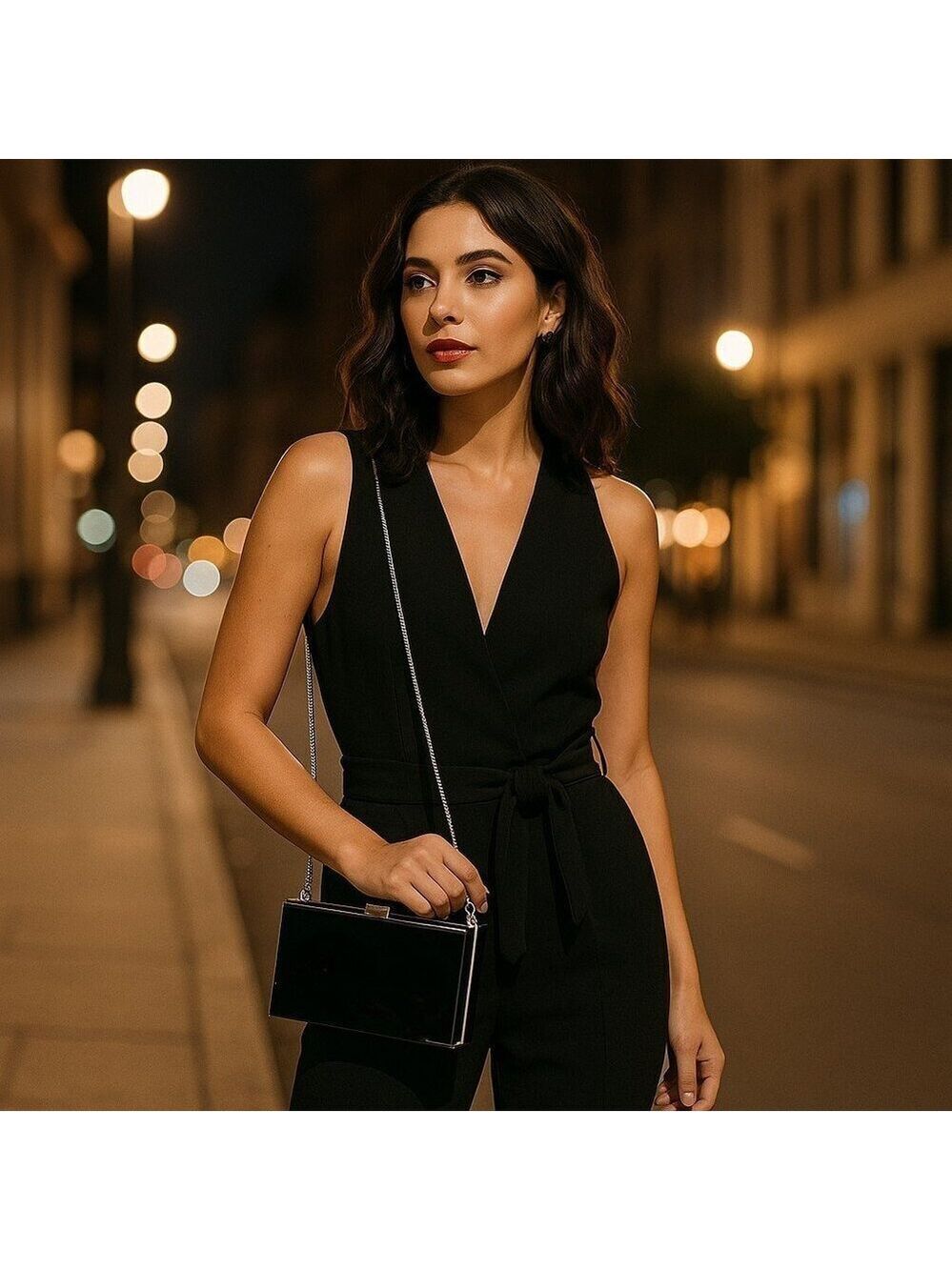 Rachel Zoe Box of Style Black Acrylic Clutch Crossbody | Silver Chain Strap
